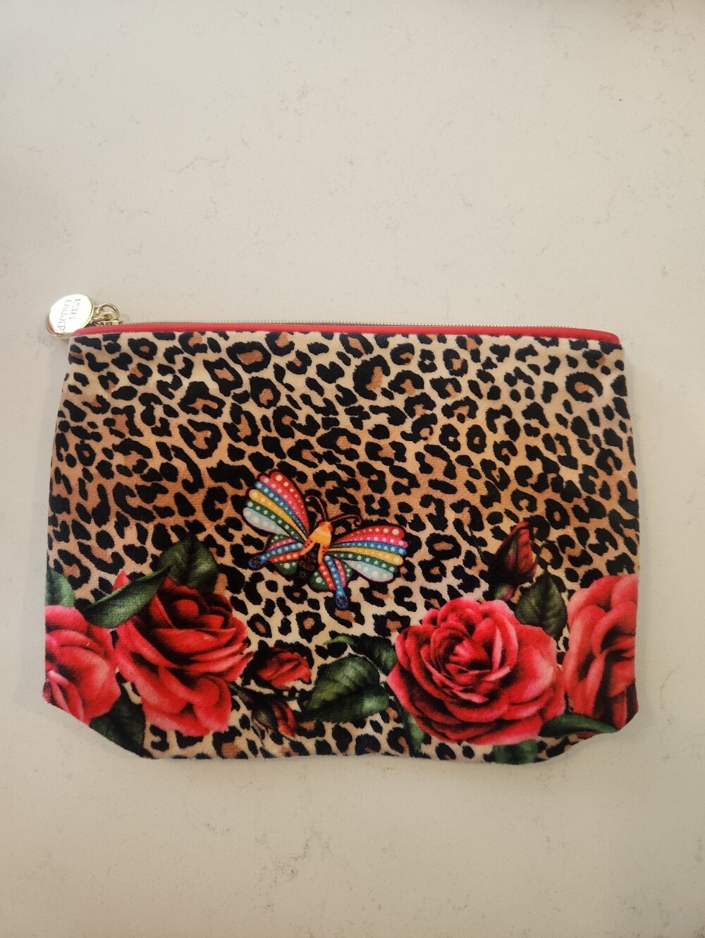 Estee Lauder Leopard Print Cosmetic Pouch with Red Roses & Colourful Butterfly